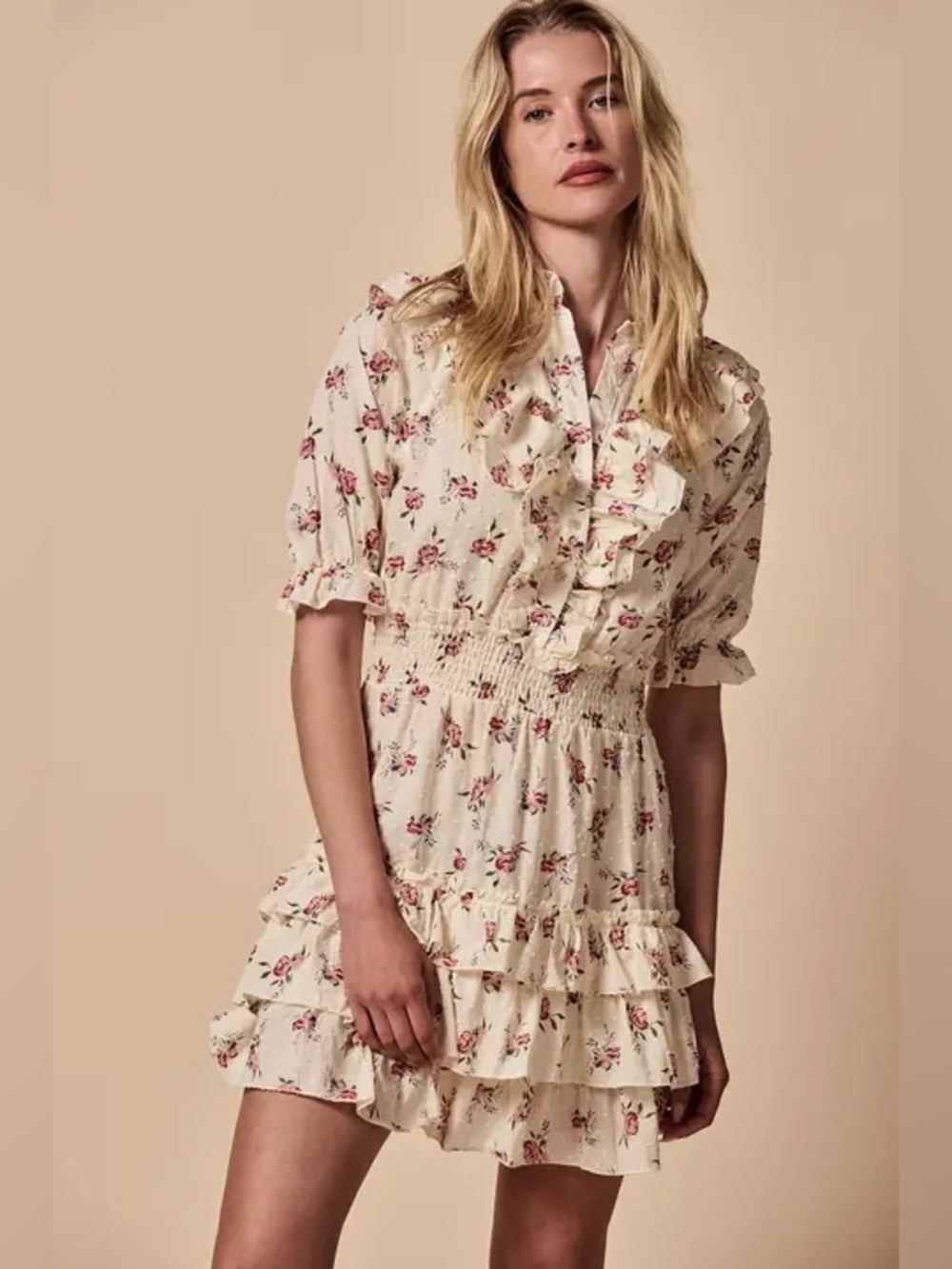 The Shirt Rochelle Behrens The Jenna Floral Print Ruffle Front Mini Dress M